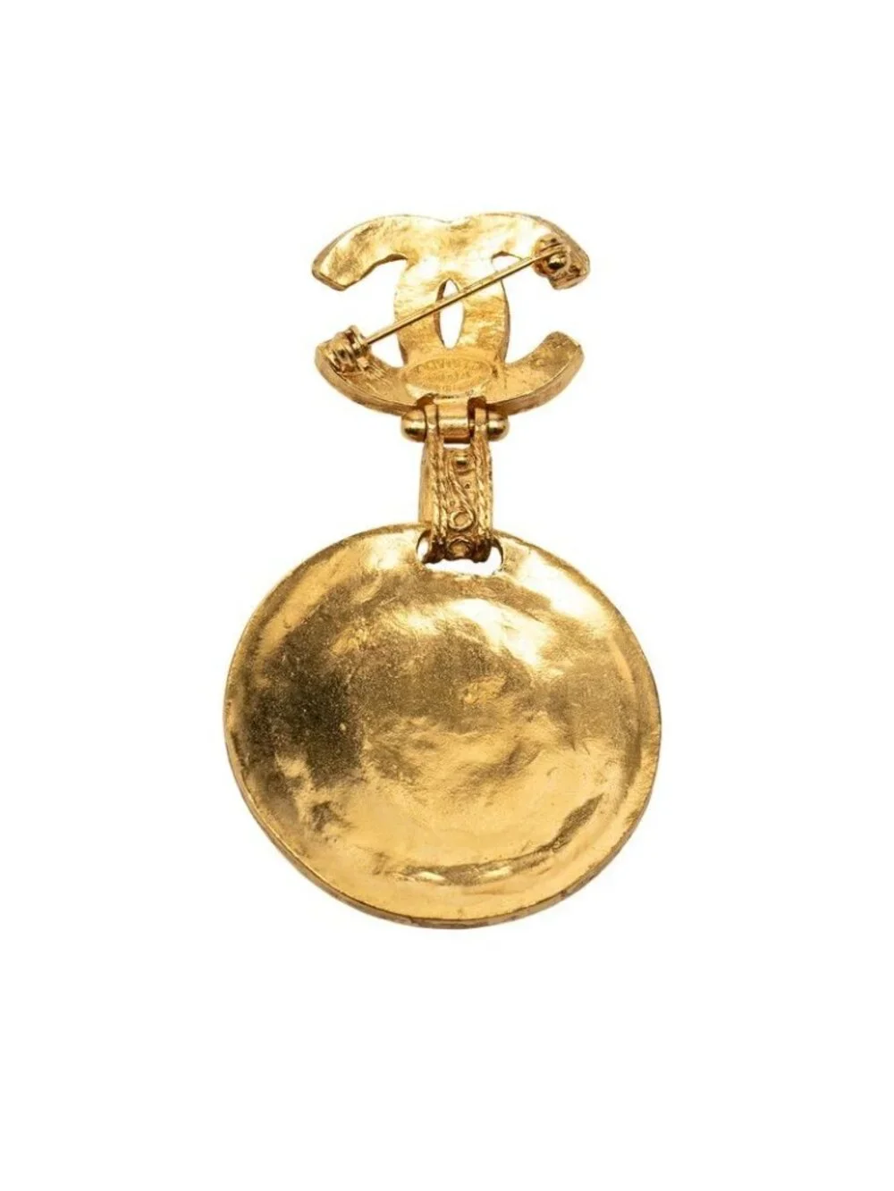 Chanel CC Logo Gripoix Round Brooch 04 Gold Red Plated Glass